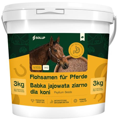 SOLUP Gesiebte ganze Flohsamen für Pferde 3 kg im Eimer als Pferdefutter | 99,9 % Reinheit | 60 Portionen à 50 g | Ganze Flohsamen | Nicht gemahlen | Mit Deckel wiederverschließbar
