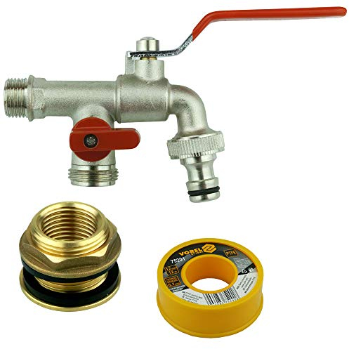 SET: Doppelauslaufhahn mit Hahnanschluss, Tankdurchführung für Wassertank Zisterne Regentonne Fasshahn (2 Abgänge)