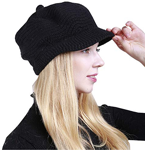 Cheerlife Damen Gestrickte Wollmütze mit Schild Winter Strickmütze Mütze Mädchen Skimütze mit warmem Innenfutter (Schwarz)
