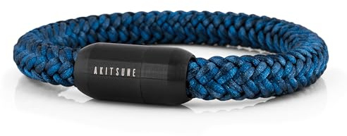 Akitsune Portus Bracelet Corde Voile | Boucle magntique Bracelet Femme Ancre Homme Maritime - Noir Mat - Bleu Marine 20cm
