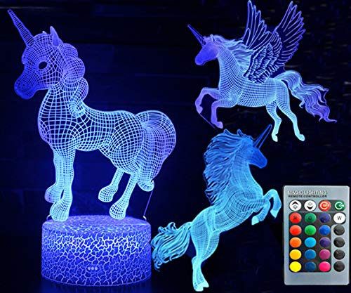 ZYTC Muster Einhorn 3D Nachtlicht Drei Muster und 7 Farben ändern sich mit den Fernbedienungen Dekorative Lichter Illusion für Jungen und Mädchen Geschenke