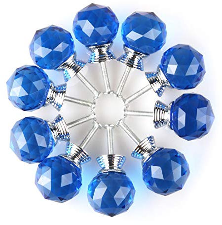 BNYZWOT Round Shape Crystal Glass 30mm Kitchen Cabinet Door Drawer Knob Cupboard Dresser Wardrobe Pull Handle with Screws, 10Pcs Blue