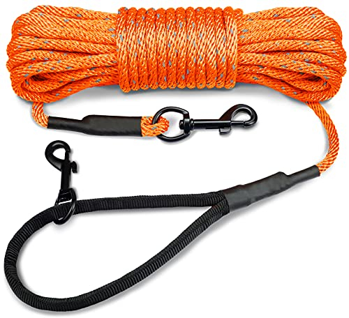Joytale Reflektierend Schleppleine für Hunde, 10m Hundeleine mit Gepolsterten Griff und 2 Karabinerhaken, Nylon Lange Seil Trainingsleine für Welpen, Kleine Hunde, Orange