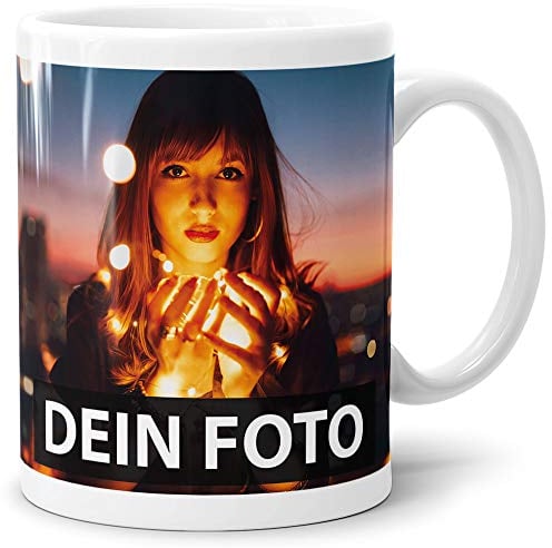 PR Print Royal Foto-Tasse zum selbst gestalten mit Foto und Text/mit individuellen Druck in Profiqualität/Personalisierte Geschenk-Idee mit Bild/Weiss - Glanz