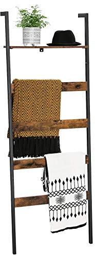 VASAGLE Blanket Ladder, Wall-Leaning Rack with Storage Shelf, for Blankets, Quilt, Towels, Scarves, Steel Frame, Industrial Style, Rustic Brown and Black ULLS012B01