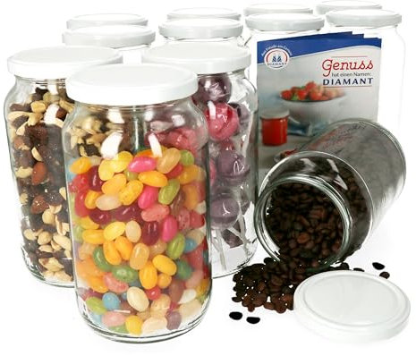 MamboCat 12er Set Einmachglas 1062 ml I Deckel in Weiß I Twist-Off to 82 I Rund- / Einkochgläser I Vorratsglas I + GRATIS Rezeptheft I Glasbehälter zur Aufbewahrung
