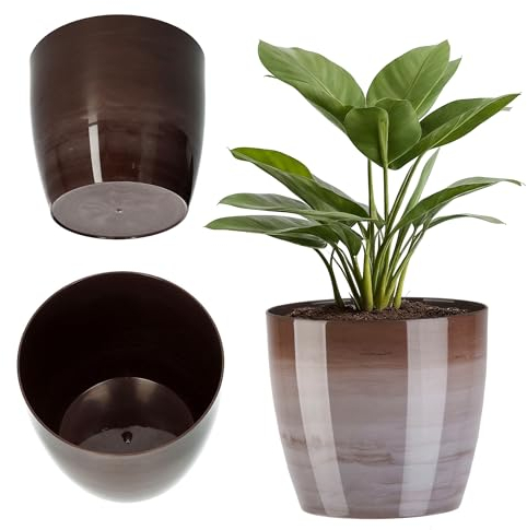 KADAX Pot de Fleurs 16 cm en Plastique avec Finition Brillante et Motifs Marbrés, Cache-Pot pour Une Décoration Intérieure Raffinée et Moderne (Marron)