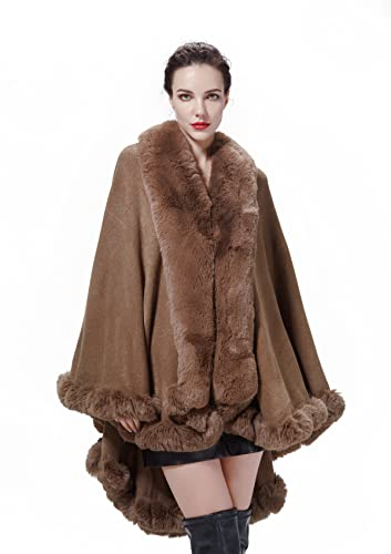 BEAUTELICATE Kunstpelz Poncho Cape Strick Damen Winter Warm Umhang Kunstfell Stola Bolero Cardigan Brautmantel mit Kragen für Hochzeit Zeremonie Festlich (Khaki, Einheitsgröße)