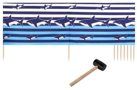 Ladeheid Windschutz Strand Strandzubehör Sichtschutz Holzstäbe LAEX001 | Mit Gummihammer, Strand Sichtschutz für Camping, Windfang im Sand, maritimes Muster, praktisches Strandzubehör mit Holzstäben