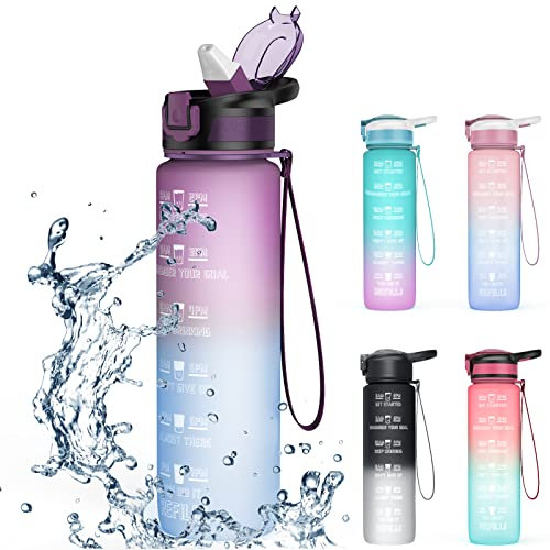 1L Water Bottle with Straw, Tritan BPA Free Drinks Bottle Leakproof, Gym Sports Water Bottles Lightweight with Time Marker and Strap for Gym, Sports, Outdoor, Cycling- Purple/Blue
