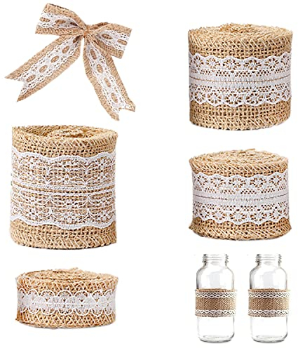 4 Rollen x 200cm Juteband Mit Spitze, Natürliche Juteband Spitzenband,Band Mit Weißer Spitze, Dekoband Mit Spitzenbordüre Für Nähen DIY Handwerk Hochzeit Party Weihnachten Deko