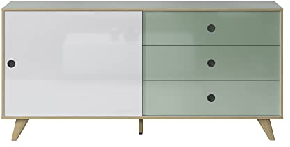 Inter-Furn Wohnzimmer Sideboard Kommode Schrank Adelaide, 180 x 86 x 40 cm Weiß/Grün Hochglanz mit Schiebetüren