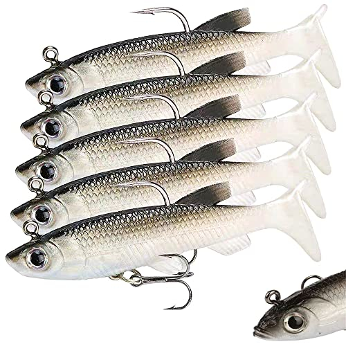 Qiwenr 5 Pezzi Esche Artificiali da Pesca Bionica Con Ami, Esca Morbida in Silicone T Coda per Luccio, Trota, Spigola, Persico (14g)