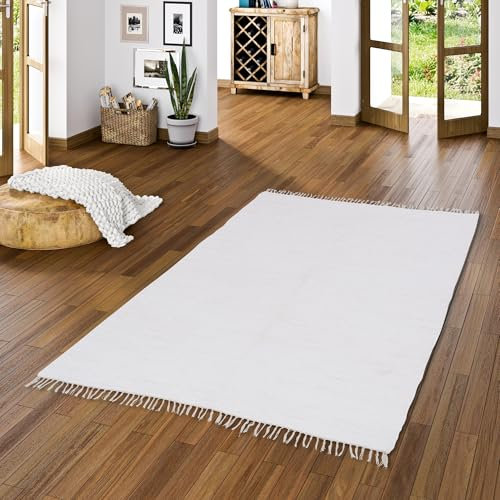 Pergamon Baumwolle Natur Teppich Flachgewebe Handgewebt Jolly Cotton Weiss in 6 Größen