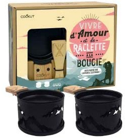 COOKUT - Coffret RACLETTE pour 2 FONCTIONNANT A LA Bougie Noir Decor Montagne New