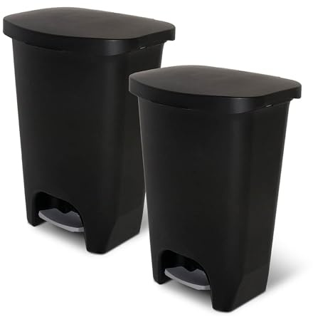 Glad 13 Gallon Trash Can, 2 Pack | Plastic Kitchen Waste Bin with Odor Protection of Lid | Hands Free with Step On Foot Pedal and Garbage Bag Rings, Black, 2 Count