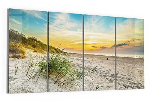 DEQORI Glasbilder Echtglas | Motiv Baltischer Dünenstrand | horizontal 4-teilig 120x60 cm | große XXL Deko | Wandbilder für Wohnzimmer, Schlafzimmer, Flur & Küche | moderne Wanddeko