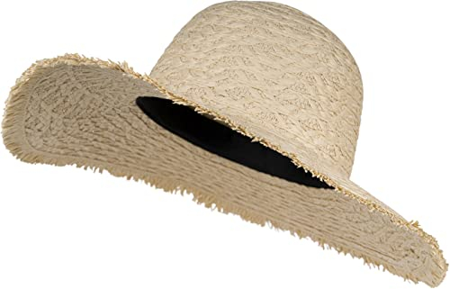 styleBREAKER Damen Strohhut Papierstroh mit luftigem Flechtmuster, breite ausgefranste Krempe, Sonnenhut, Schlapphut 04025033, Farbe:Beige