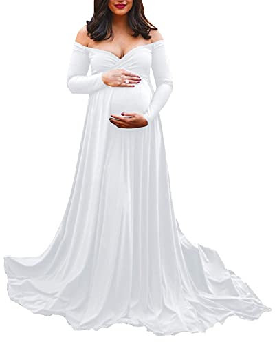 Femmes Maternité Épaule Manches Longues Photographie Robe Enceinte Solide Princesse Robe Photo Accessoires Robe Robes De Mariée Haut À, Blanc., L