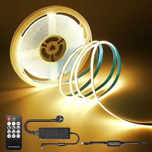 COB LED Streifen 10m Warmweiss, 24V LED Strip Warmweiss COB LED Band Selbstklebend, 3000K 320LEDs/M Hohe Helligkeit Flexibles, Dimmbar COB LED Strip 10m LED Streifen für Innen Heim Küche Deko
