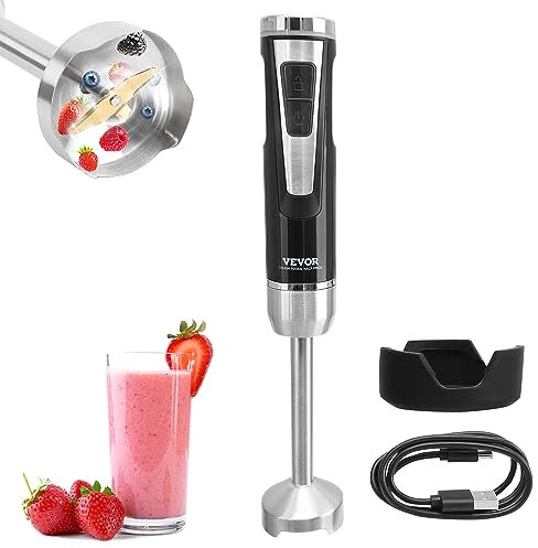 VEVOR Immersion Blender, 8-Speed Heavy Duty Immersion Blender, Stainless Steel Blade Copper Motor Hand Mixer, USB Charging Cable Multi-purpose Easy Control Grip Stick Mixer, Black
