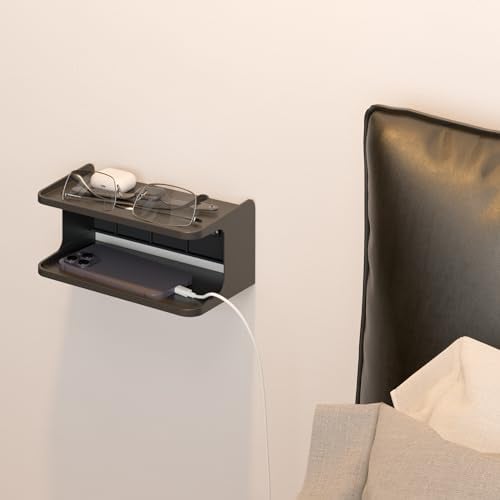 sciuU Nachttisch Wandregal Organizer - 2-Lagen-Struktur Kleiner Universal Wandhalterung für Aufbewahrung Handy, Brille, Schlüssel, Kamera, Wecker, für Bett Schlafzimmer Wohnzimmer Arbeitszimmer Büro