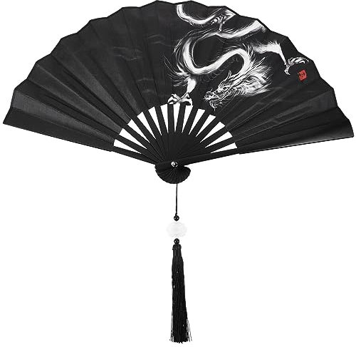 IMIKEYA Schwarz Handfächer, Drachen Chinesischer Fächer aus Seide, Japanischer Vintage Seide Handfächer Faltbarer mit Quasten handgemacht Handheld Fan für Party, Hochzeit, Halloween