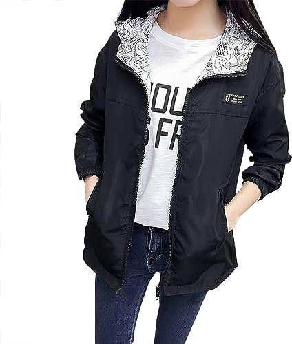 Coupe Vent Chaud Grande Taille, Femmes Manches Longues Polyvalent Mode Couleur Unie Réversible Coupe-Vent Fermeture Éclair à Capuche Veste Décontractée Vêtements d'Extérieur