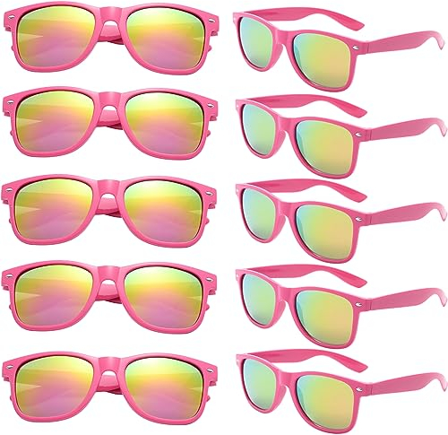 FSMILING 10 Stück Pinke Sonnenbrille Damen Verspiegelt Rosa Bunte Party Sonnenbrillen Set 80er neon Festival Party Brille Pink Für Damen Herren