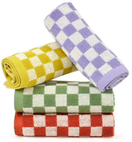 Jacquotha Wash Cloths Checkered 4 Pack 4 Colors - Cotton Washcloths for Face Body, 13 x 13 Inches Daily Cleansing Kitchen Towels