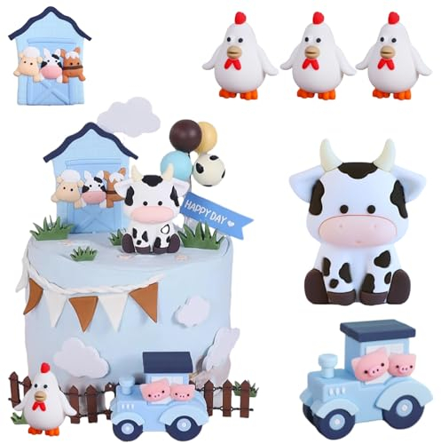 Gloryit Bauernhof Geburtstag Deko Farm Birthday Cake Topper, Tortendeko Tiere,Bauernhof Party Herzstücksticks,Farm Birthday Deko,Kuchen deko Geburtstag,für Kuchen Dekoration Kindergeburtstag (Blau)