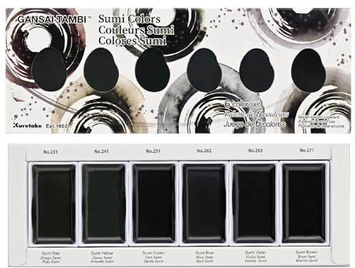 Kuretake Gansai Tambi Sumi Farben, 6-Farben-Set, Aquarellfarben-Set, ideal für Kalligraphie, Illustrationen, Pinselschriften, Fineart und mehr, schwarze Sumi-Tinte