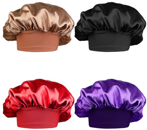 COMNICO 4pcs Satin Bonnets for Sleeping Double Layer Silk Like Hair Bonnet Large Sleep Cap Wide Soft Band Shower Cap for Women Men Curly Braid Hair