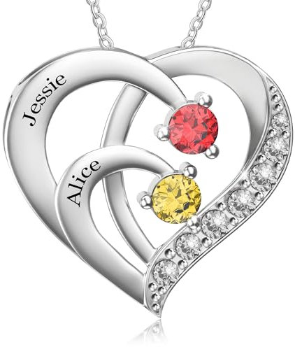 Easycosy Namenskette mit Gravur - personalisierte Kette mit 2 3 4 Namen Geburtssteinen Damen Herz Anhänger - personalisierte Geschenke für Freundin Mama Frauen zum Geburtstag Weihnachten Valentinstag