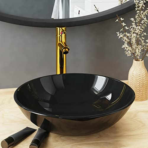 JUDYY Badezimmer Waschbecken mit Wasserhahn und Ablaufgarnitur Schwarz gehärtetes Glas, Aufsatzwaschbecken, Waschtisch, Aufsatzwaschtisch, Wash Basin, Badmöbel, Bathroom Sink 3098451