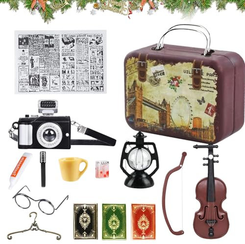 15 Stück Miniatur Puppenhaus Zubehör, Miniatur Vintage Deko, Wichtel Reise Zubehör, Wichtel Zubehör Set Kamera Brillen Geige Bücher Koffer, Weihnachten Deko Geschenk für Puppenhaus