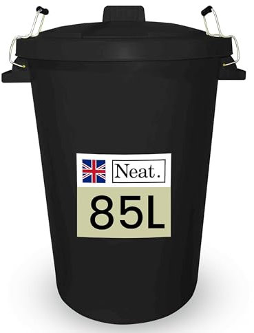 Neat. Extra Large Plastic Dustbin with Clip Locking Lid - Heavy Duty Garden Bin for Rubbish, Recycling, Animal Feed, and Storage, 85 Litre, Black, Pack of 3