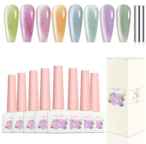 Adhere 8Pcs 12ML Color Transparent Candy Crystal Cat Eye Gel Nail Polish Kit with Magnet Jelly Color Jewelry Cat Eye Series Gel Polish Soak Off Led Nail Art Gel Manicure Salon DIY Gifts