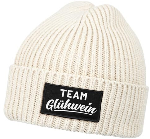 MoonWorks® Herren Beanie mit Patch Strickmütze mit Spruch Team Glühwein Aufdruck Lustig Mütze Männer Beige Unisize