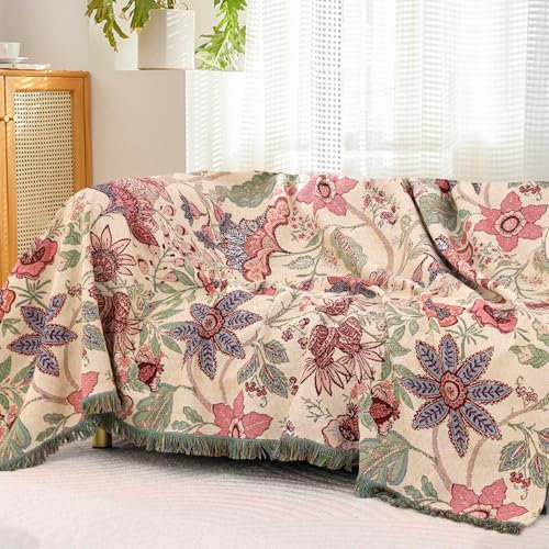 Wotcsil Tagesdecke Boho Beige Rose 200x230cm Baumwolle - Kuscheldecke Sofadecke Bettüberwurf mit Blumenmuster, Leichter Sofaüberwurf mit Quasten für Bett Couch