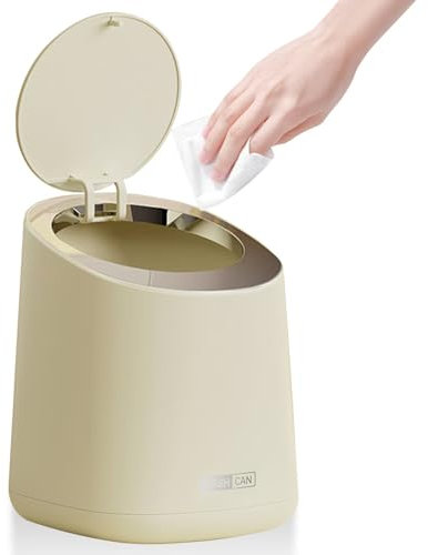 Mini Desktop Bin with Lid, 2L Small Bathroom Bin with 1Roll of Trash Bags, Desktop Trashs Can with Press Type Lid Plastic Desktop Trash Bin for Home, Office, Vanity, Creamy White (13×14.7×17cm)
