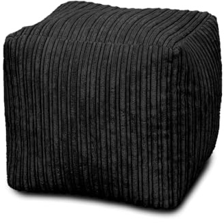 Bags of Beans Soft Corduroy Cube Pouffe Bean Bag Pre-Filled - Black | Square Ottoman - Comfortable Ergonomic Portable Footstool - Living Room & Bedroom Furniture - 36(D) x 36(W) x 36(H)cm