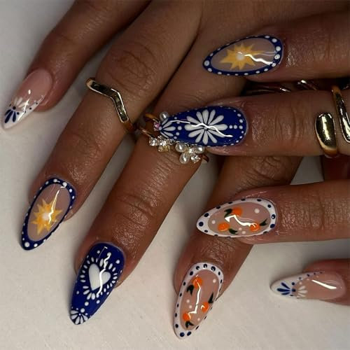 Lot de 24 faux ongles brillants à coller sur les ongles courts en forme d'amande française - Bleu et blanc