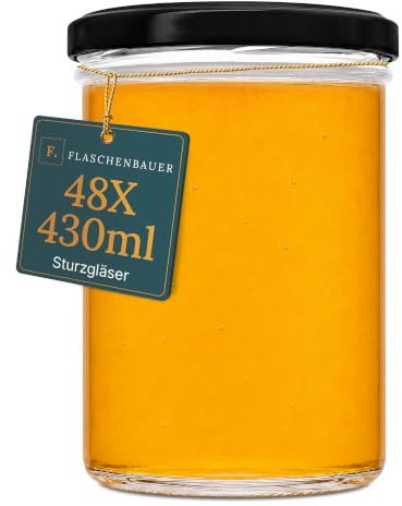 Flaschenbauer - Sturzgläser 430ml 48er Set - Einmachgläser mit Deckel TO82, Schraubgläser, Marmeladengläser, Einkochgläser zur Aufbewahrung, mit Twist-Off-Deckel - Made in Germany (Deckel Schwarz)