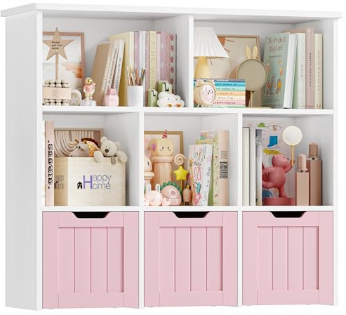 FOREHILL Kids Toy Storage Unit Childrens Bookcase Toy Organiser Kids Bookshelf, 5 Open Shelves, 3 Drawers with Wheels, for Nursery Playroom Pink+White 100x33x89.5cm