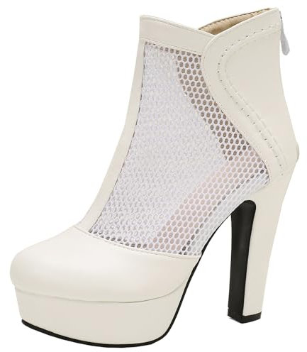 XIEPP Stivali in rete chiusi da donna estivi con cerniera e tacco a blocco, bianco, 34 EU