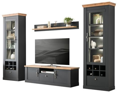 Furn.Design Wohnwand in grau und Wotan Eiche Landhaus Wohnkombination 4-teilig 322 x 201 cm, Ribera