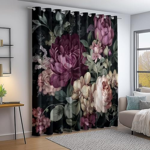 Blickdichte Vorhänge mit Ösen 2er Set H240×B132 cm - Retro Blumen Rosen Pfingstrosen Muster Bedruckte Vorhänge - für Wohnzimmer/Schlafzimmer Farbe Verdunkelungsvorhang