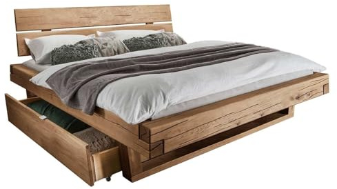 HOMELIV. Romeno Balkenbett, 180x200 cm, mit Schubkästen, Eiche Natur | Wildeiche-Balkenbett, mit Schubkästen, mit Stauraum, mit Kopfteil, mit Komforthöhe, 180x200 cm, Natur, Rustico