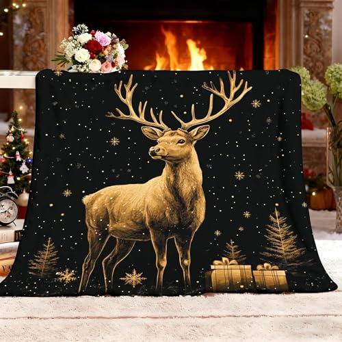 Sherpa Decke Wohndecke Goldene Rentier Schneeflocken Plüschdecke Reisedecke Fleecedecke Schwarz Überwurfdecken für Bett & Sofa, Couchdecke, ganzjährig warme Kuscheldecke, XL 130x150 cm